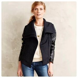 Anthropologie Greylin Black & Blue moto Jacket Black Faux Leather Sleeves
